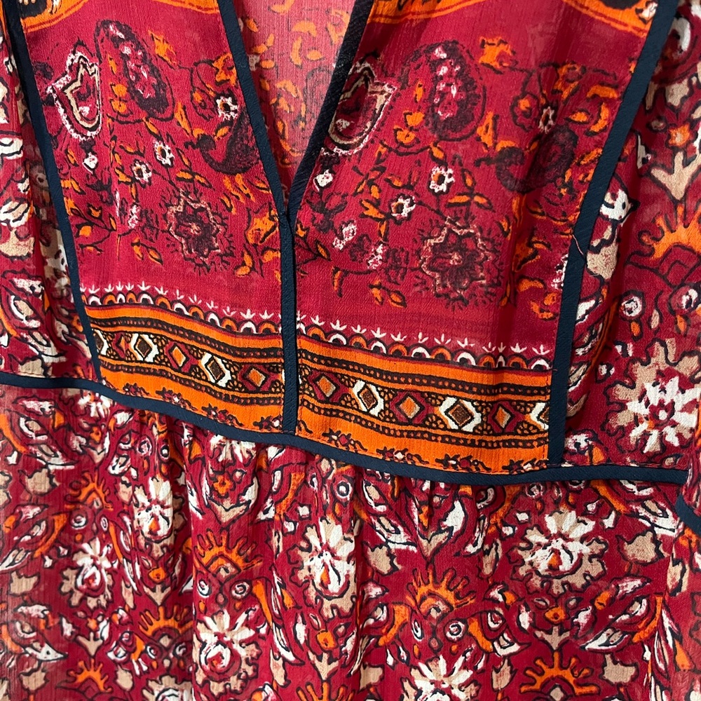 LUCKY BRAND BOHO FLORAL V-NECK RED ORANGE SLEEVELESS SHEER BLOUSE SIZE SMALL - Picture 11 of 16